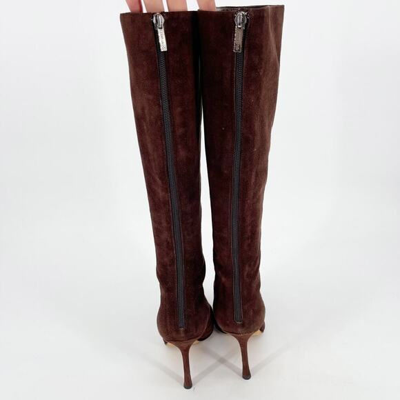 Retro Jimmy Choo Chocolate Brown Suede Knee High Pointed Toe Heeled Boot IT 41 - Picture 5 of 10